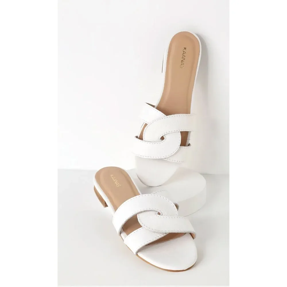 KAANAS Santorini White Leather Slide Sandals Size 9